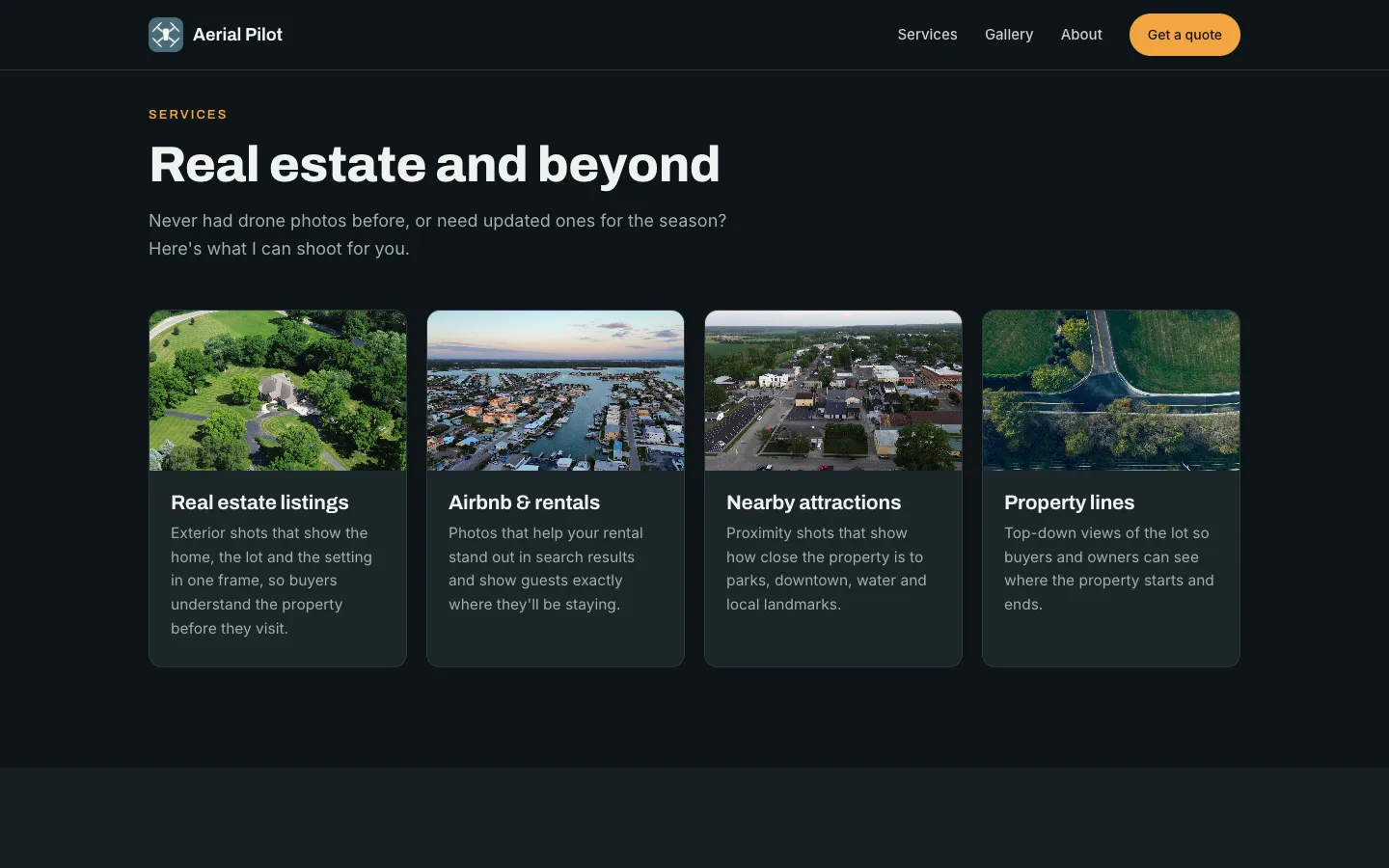 Aerial Pilot services: four photo cards for real estate listings, Airbnb rentals, nearby attractions and property lines